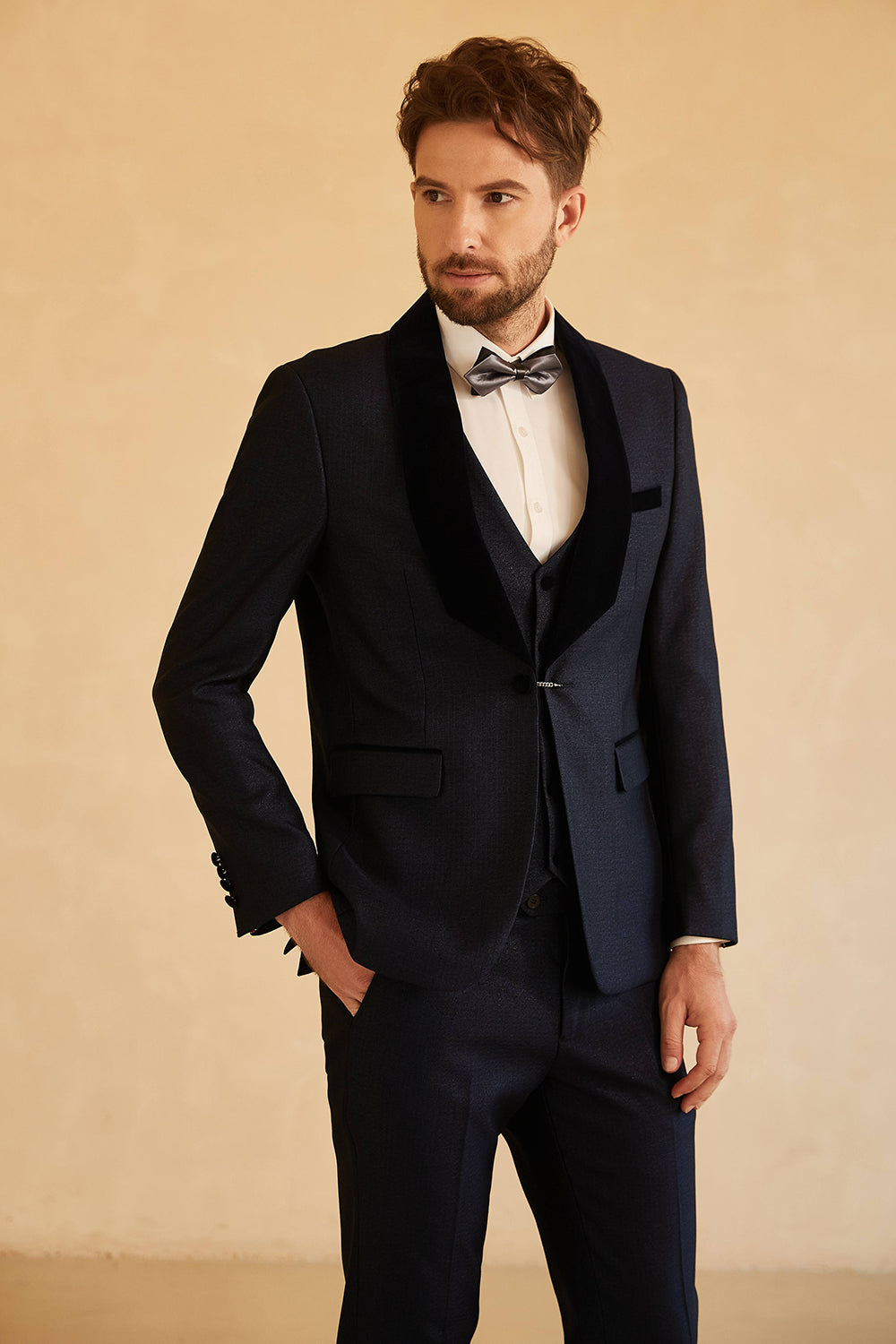 Marinblå 3-Delad En Knapp Shawl Lapel Bröllopskostym Herr Tuxedo