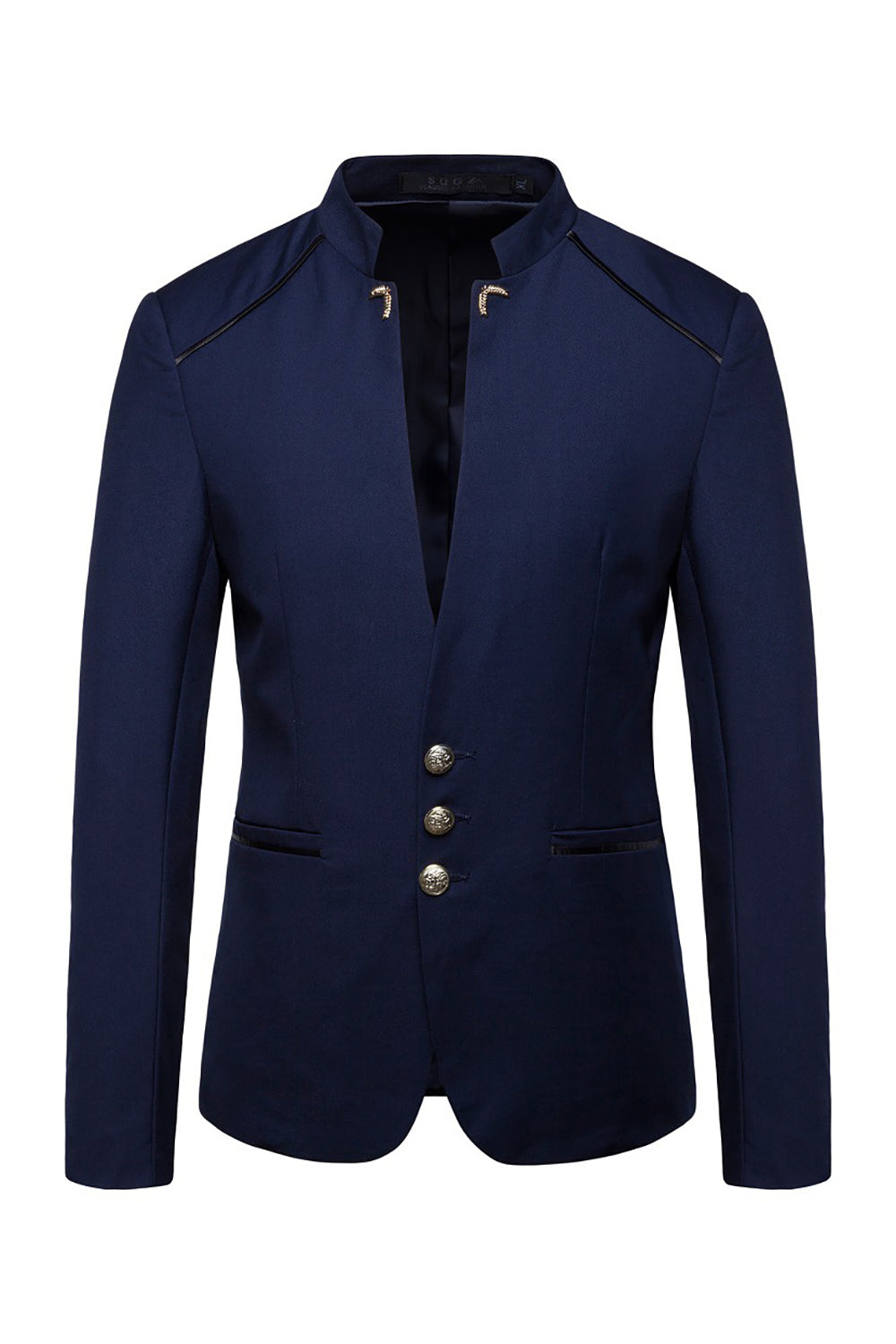 Marinblå Stand Collar Enkelknäppt Blazer Herr