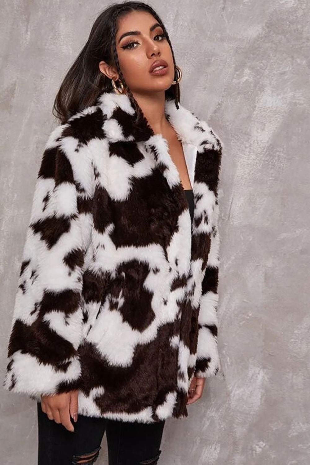 Vit ko mönster Midi Faux Fur Shearling Coat