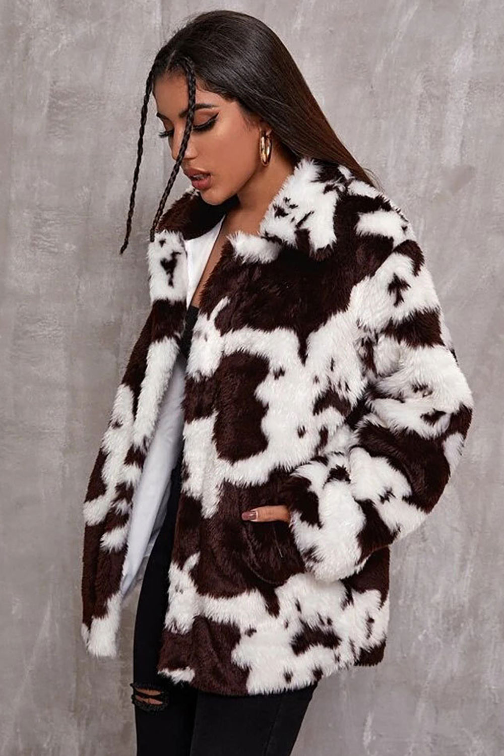 Vit ko mönster Midi Faux Fur Shearling Coat