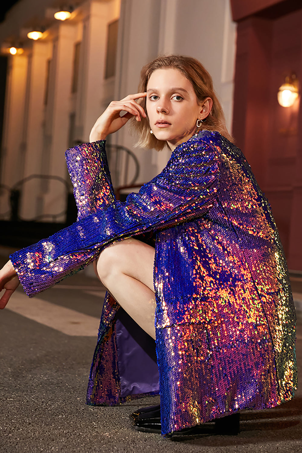 Sparkly Purple Paljetter Oversized Longline Prom Blazer för kvinnor