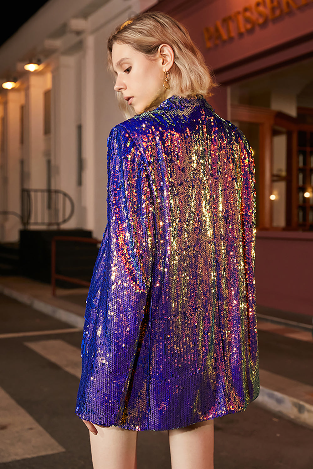 Sparkly Purple Paljetter Oversized Longline Prom Blazer för kvinnor