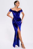Off the Shoulder Royal Blue Velvet Holiday Party Klänning med slits