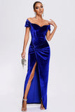 Off the Shoulder Royal Blue Velvet Holiday Party Klänning med slits