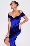 Off the Shoulder Royal Blue Velvet Holiday Party Klänning med slits