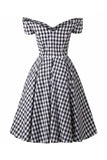 Svart Gingham Av Axeln Vintage 1950-Tals Klänning
