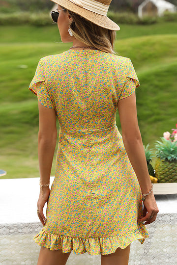 Gul Liten Blommig Wrap Sommarklänning