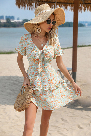 Beige Liten Blomma Mini Sommarklänning