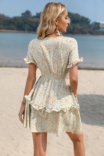 Beige Liten Blomma Mini Sommarklänning