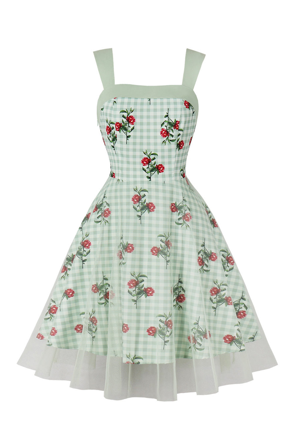 Grön Blommig Tryck Pläd Swing 1950-Tals Klänning