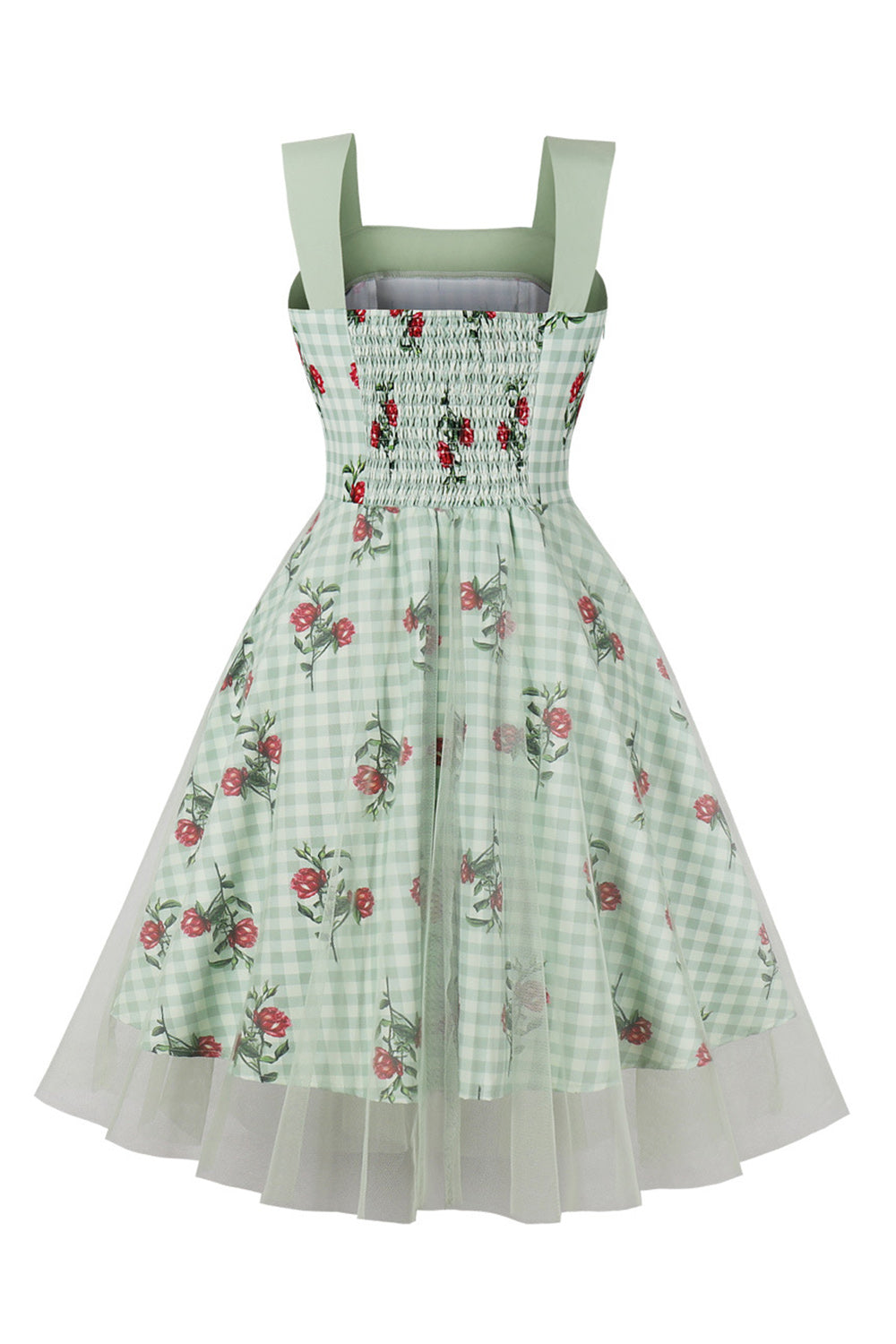 Grön Blommig Tryck Pläd Swing 1950-Tals Klänning