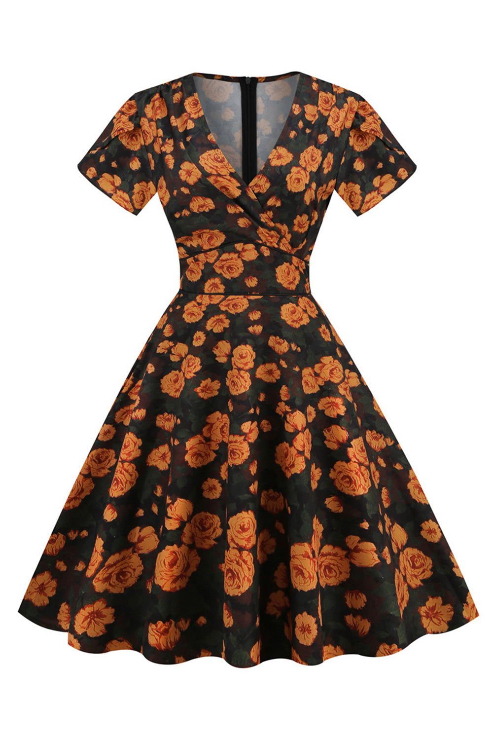 Rosa V Hals Blommönster Swing Vintage Klänning