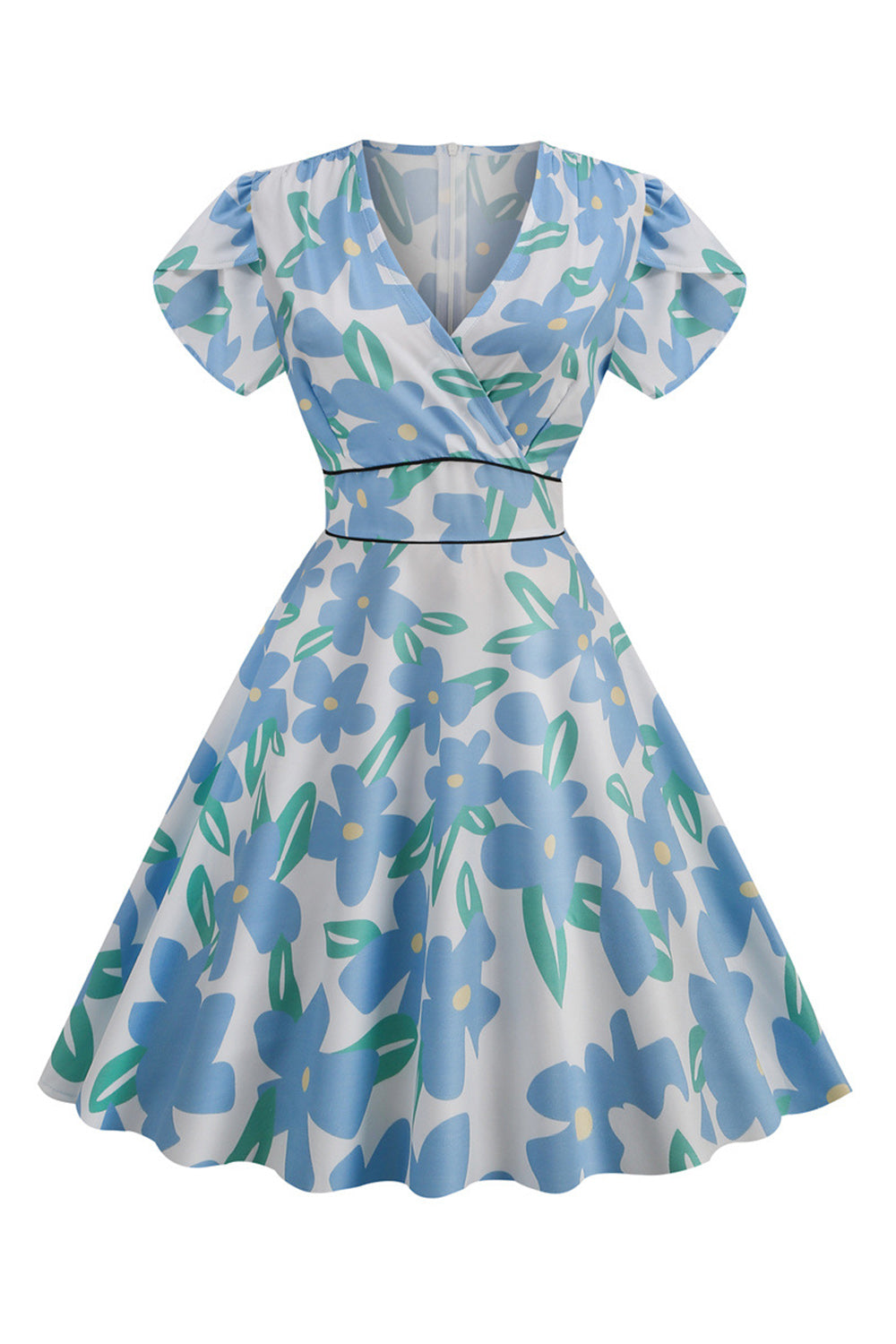 Rosa V Hals Blommönster Swing Vintage Klänning