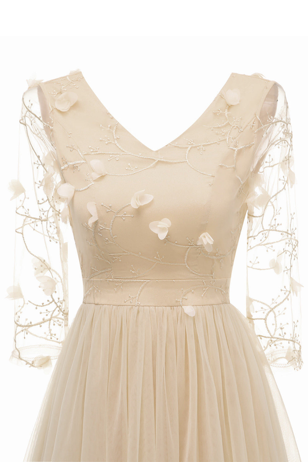 Aprikos Tyll Långärmad Vintage Klänning med Applikationer