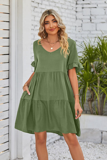 Lös kortärmad avslappnad sommarklänning med volanger