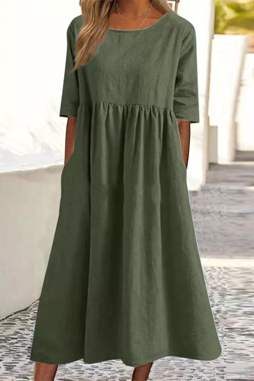 Mellanärmad lös casual lång sommarklänning