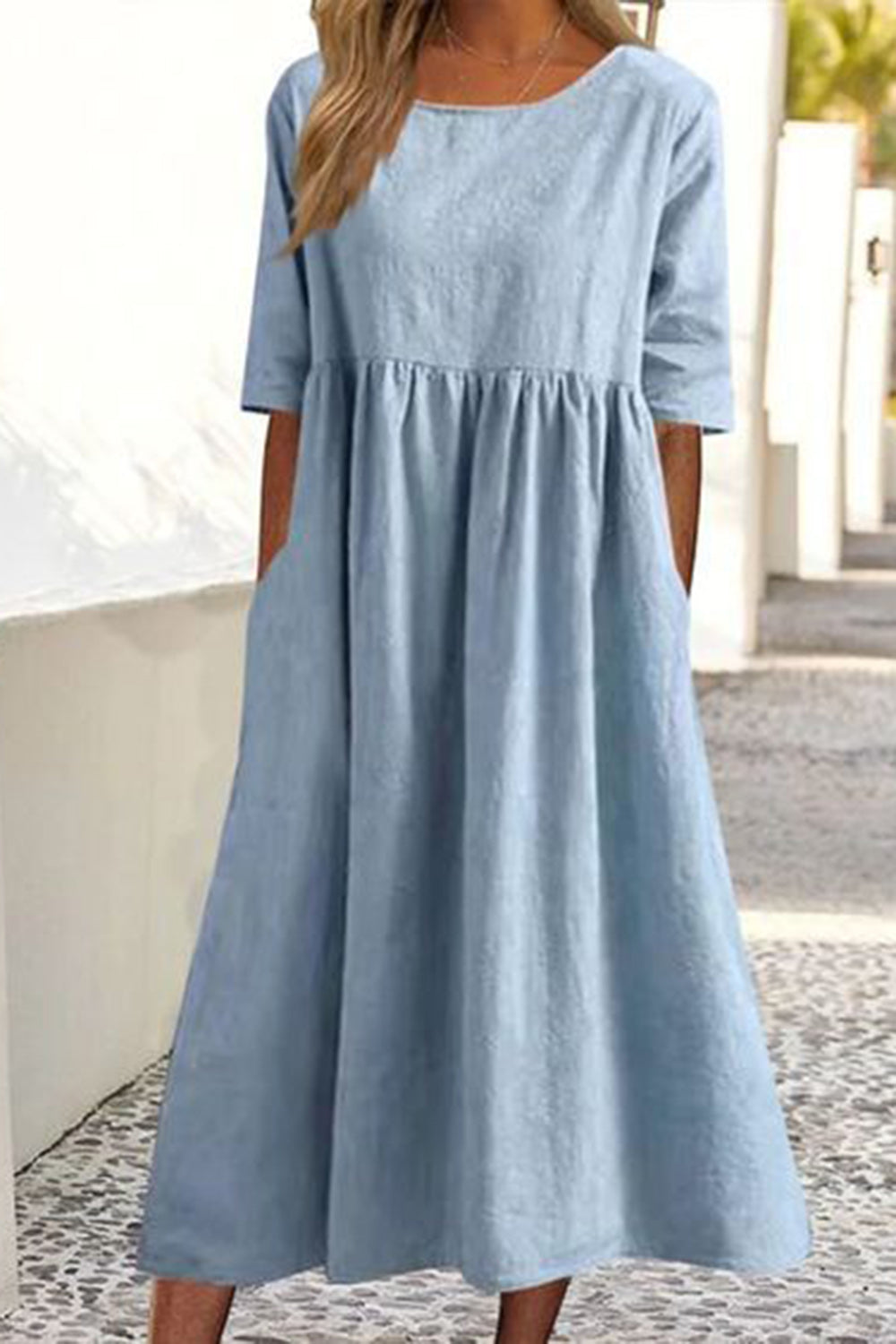 Mellanärmad lös casual lång sommarklänning
