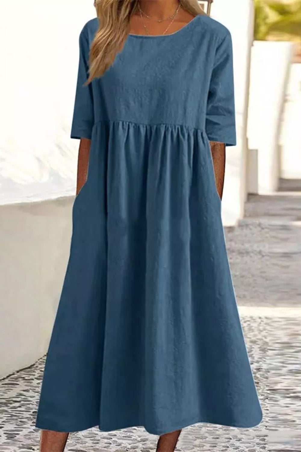 Mellanärmad lös casual lång sommarklänning