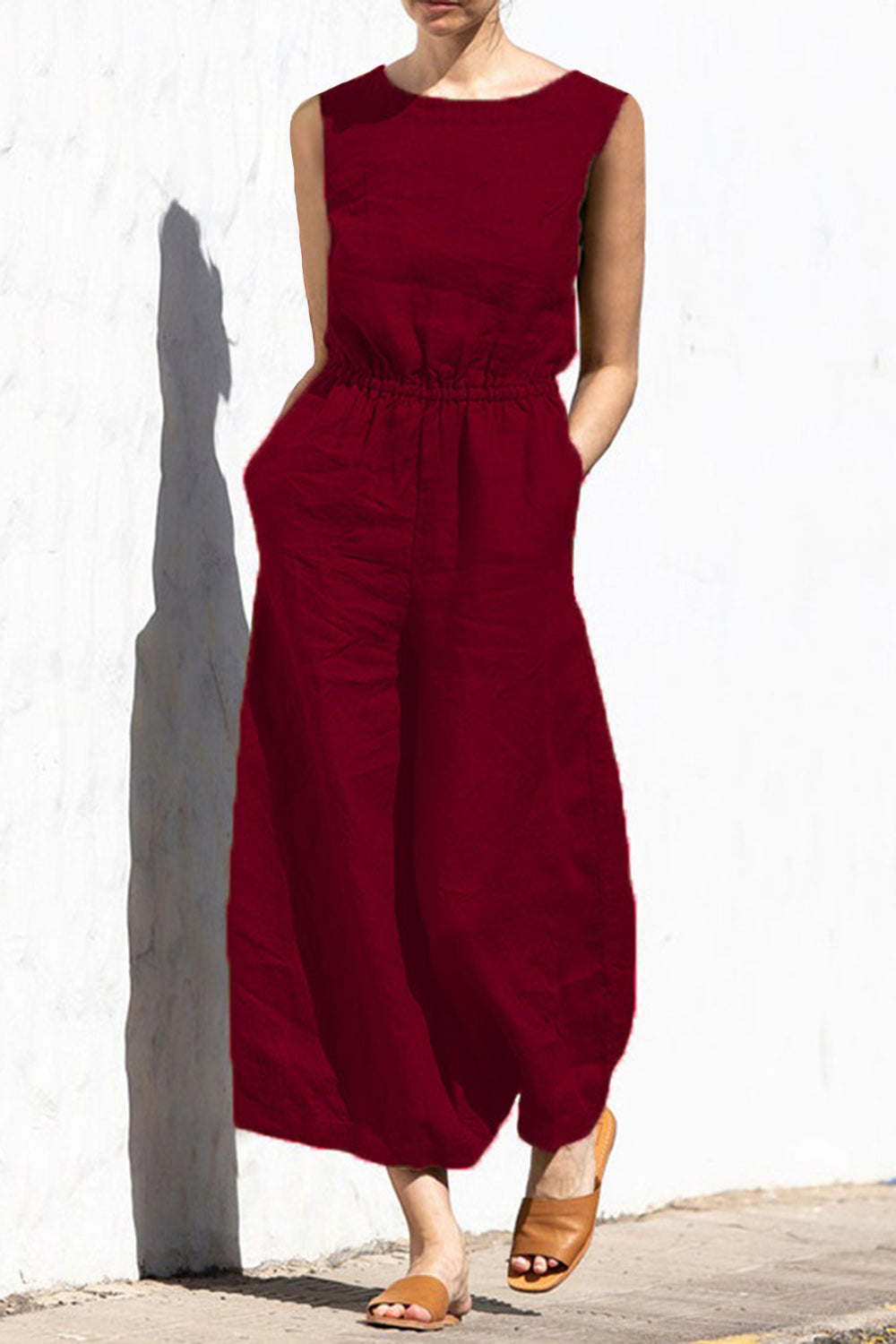 Damer ärmlös elastisk midja vida ben jumpsuit