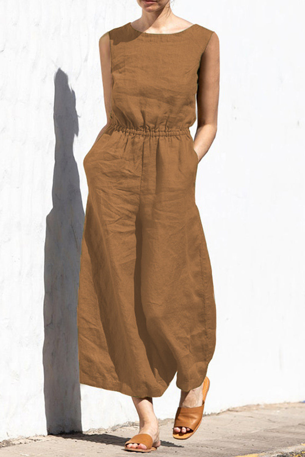 Damer ärmlös elastisk midja vida ben jumpsuit