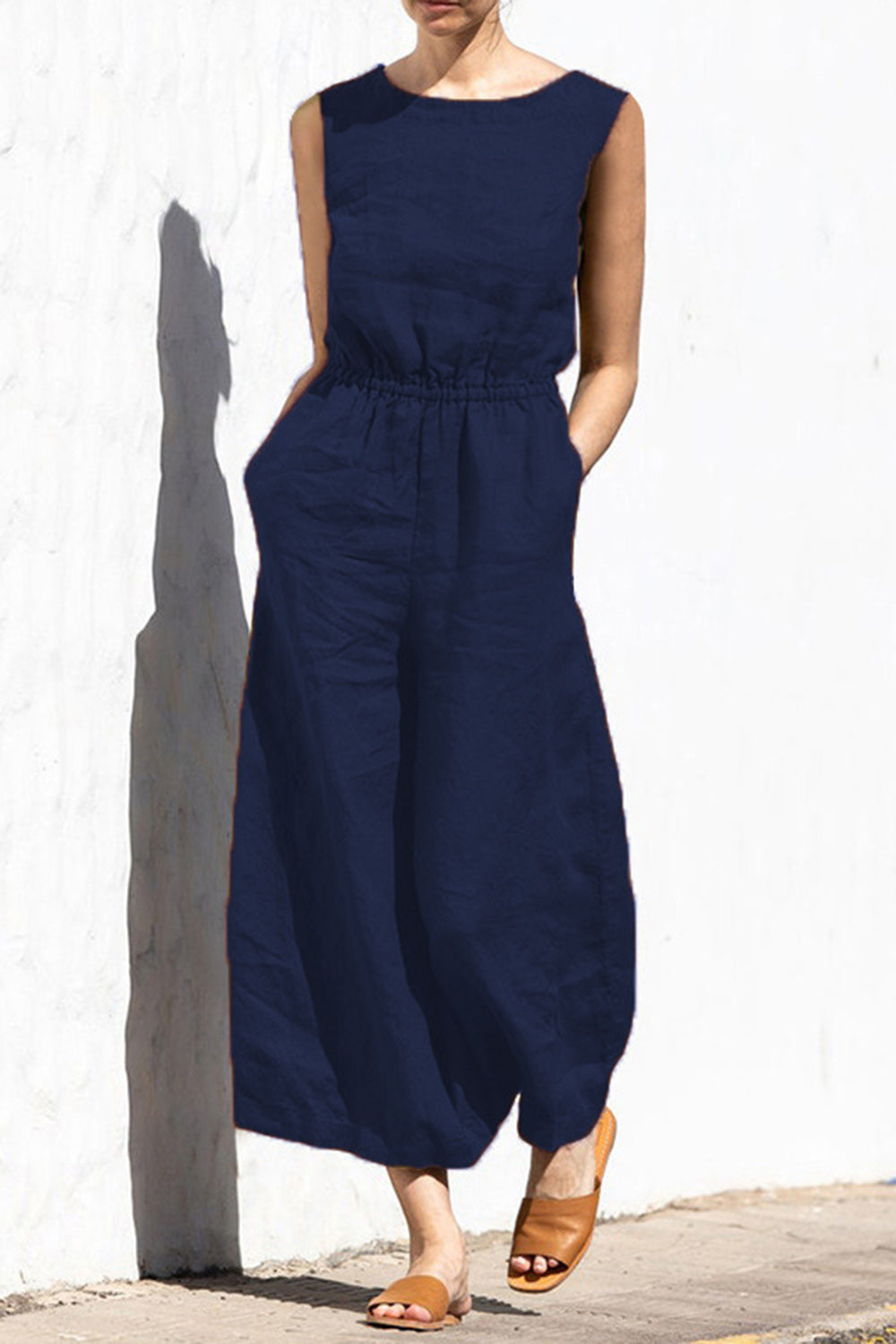 Damer ärmlös elastisk midja vida ben jumpsuit