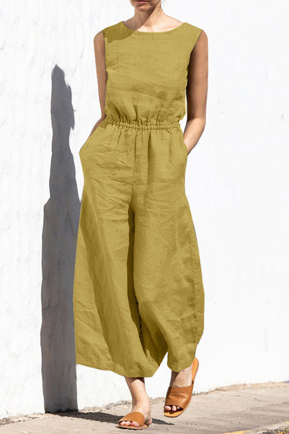 Damer ärmlös elastisk midja vida ben jumpsuit