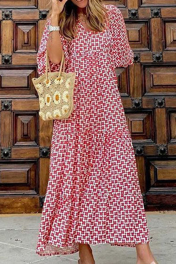 Röd tryckt Boho Puff Sleeve Casual Lång Klänning