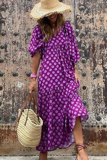 Lila tryckt Boho Puff Sleeve Lös Lång Klänning