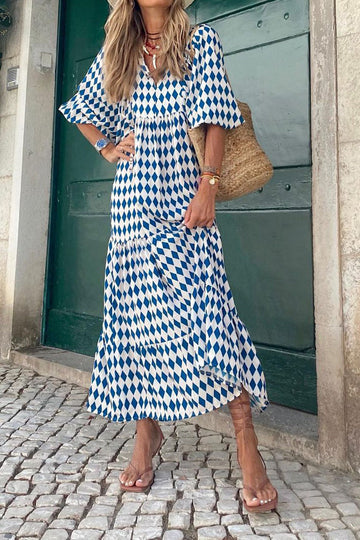 Blå tryckt Boho Puff Sleeve Lös Lång Klänning