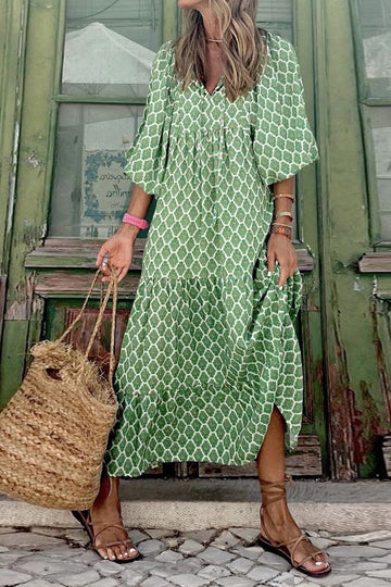 Grön tryckt Boho puffärm lös lång klänning