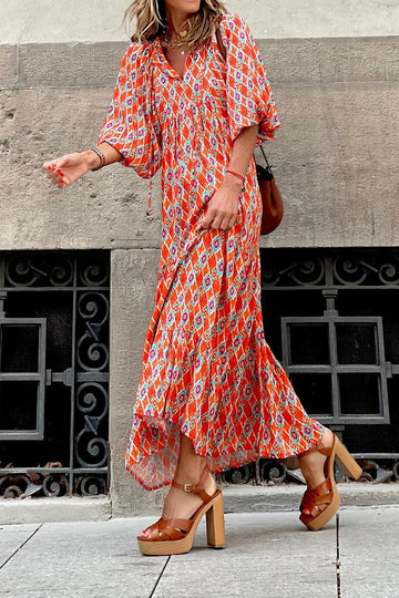 Orange tryckt Boho puffärm lös lång klänning