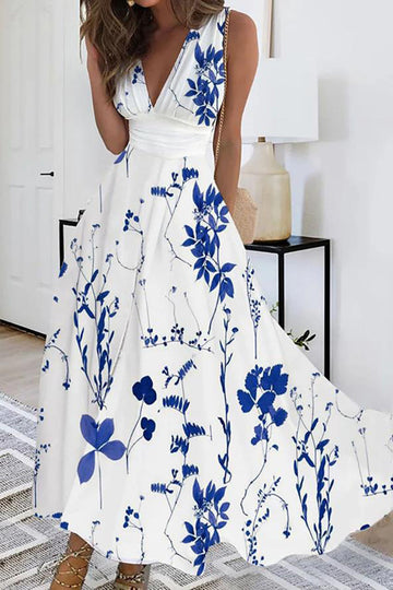 V-ringning blommig tryckt grön boho ärmlös lång klänning