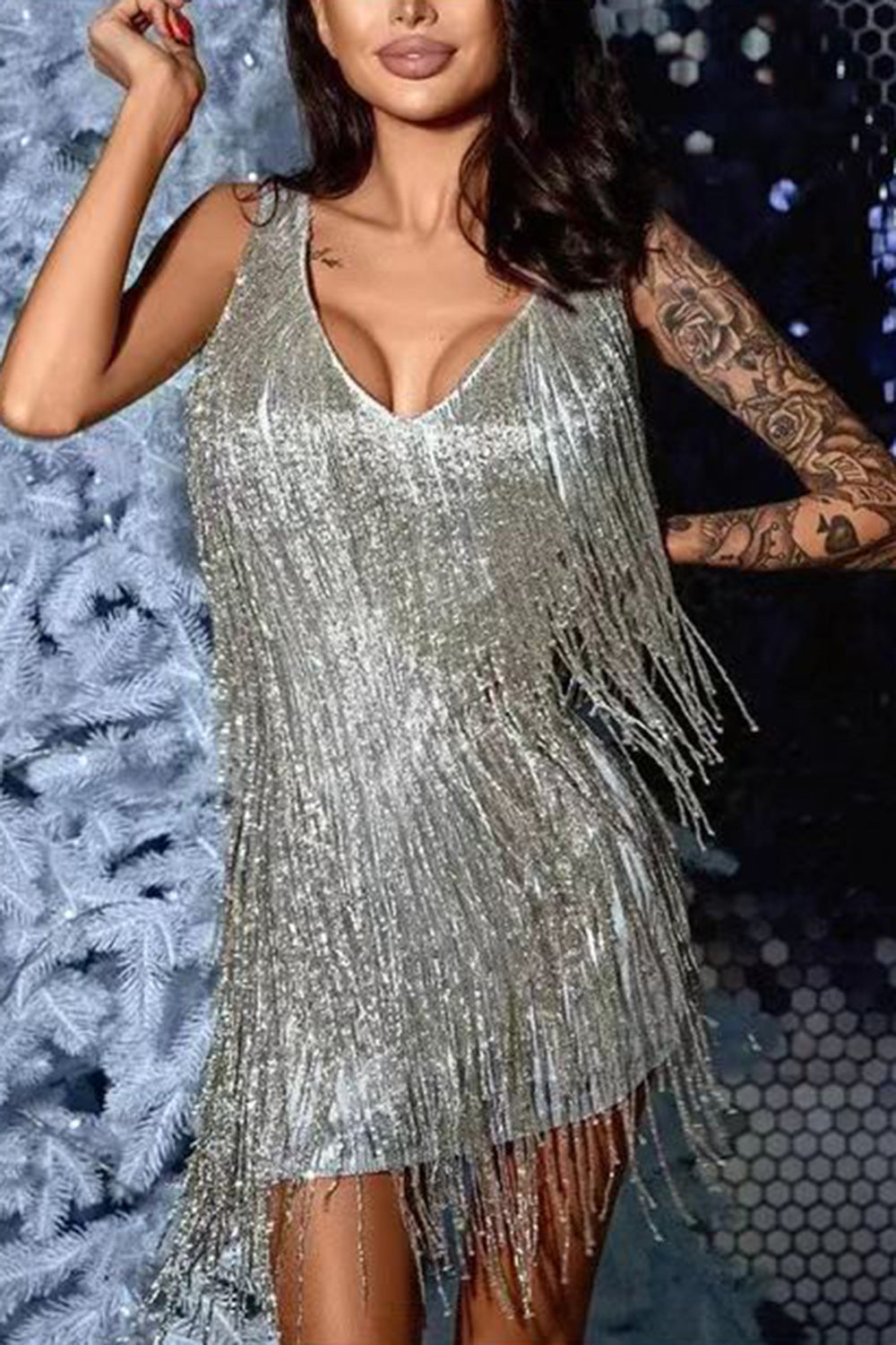 V-ringad Ärmlös Frans Gatsby Kort Klänning