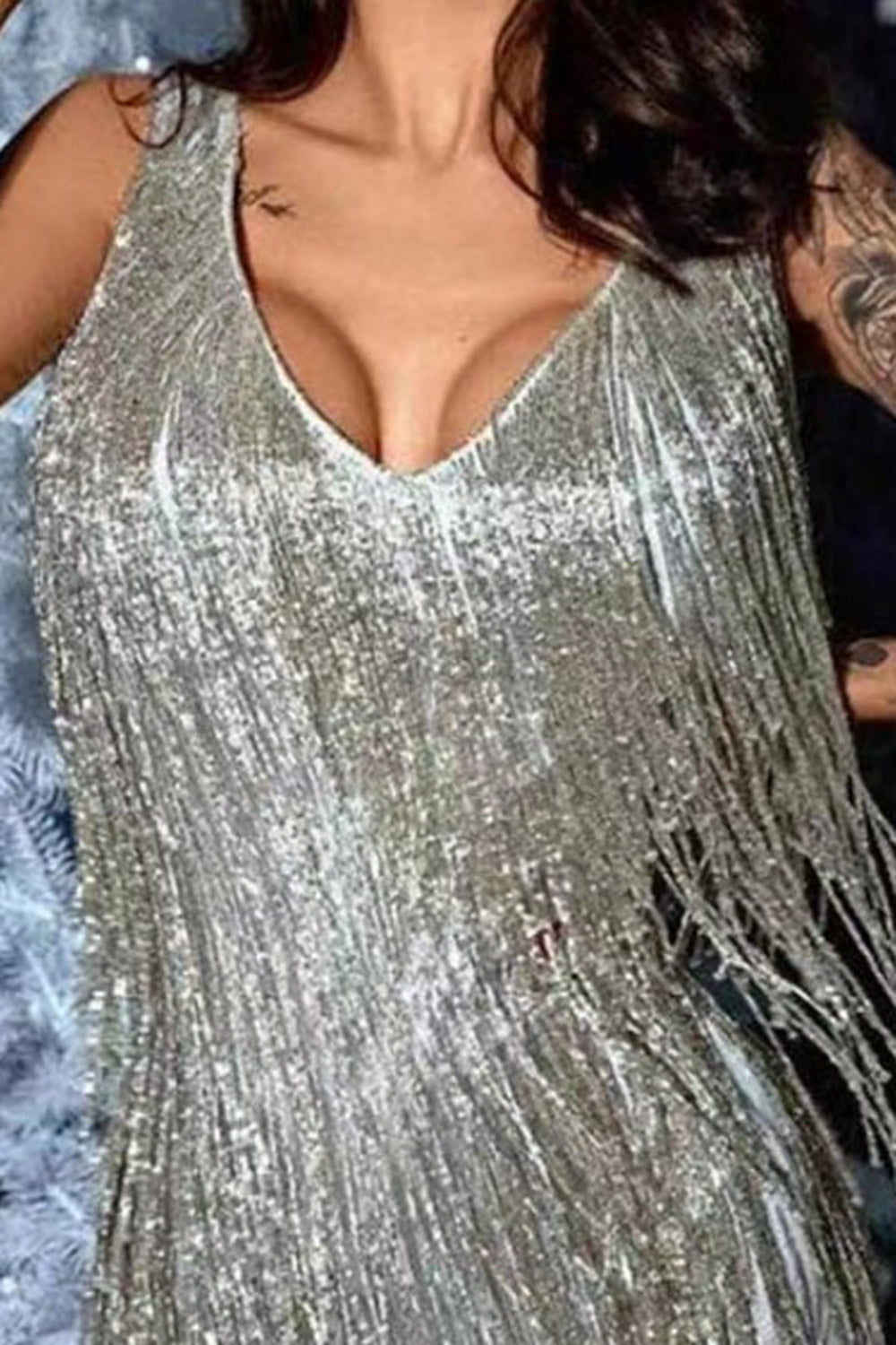 V-ringad Ärmlös Frans Gatsby Kort Klänning