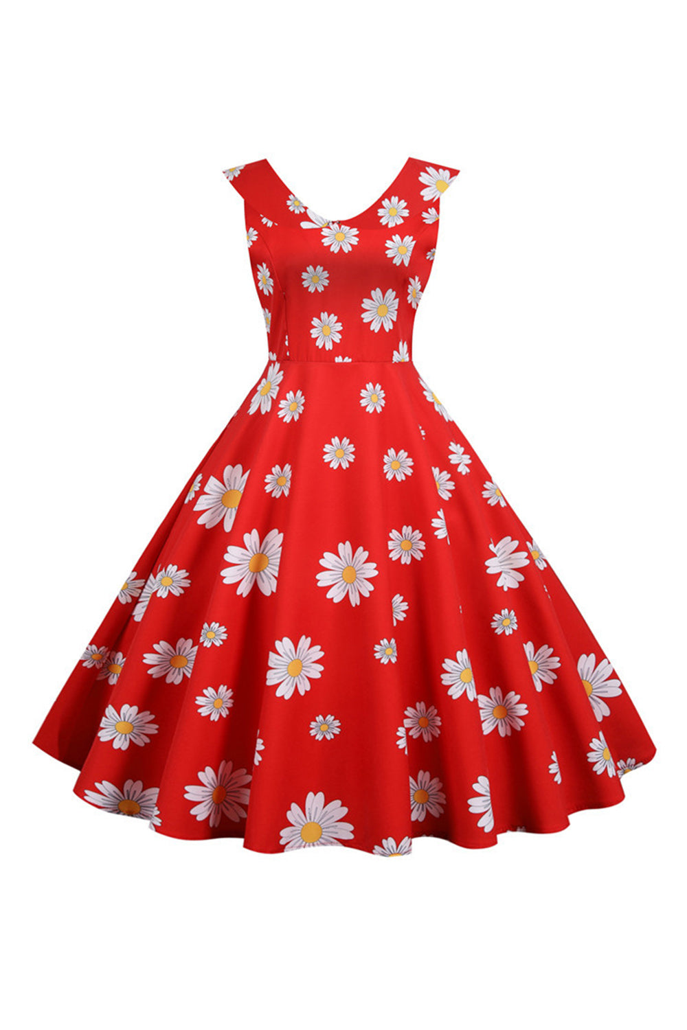 Ärmlös Blomma Tryckt Gul 1950 Tals Klänning