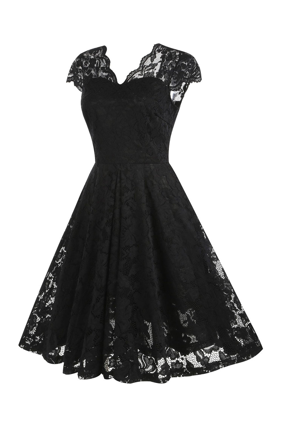 V-hals Svart Spets Hepburn Style 1950-tals Klänning