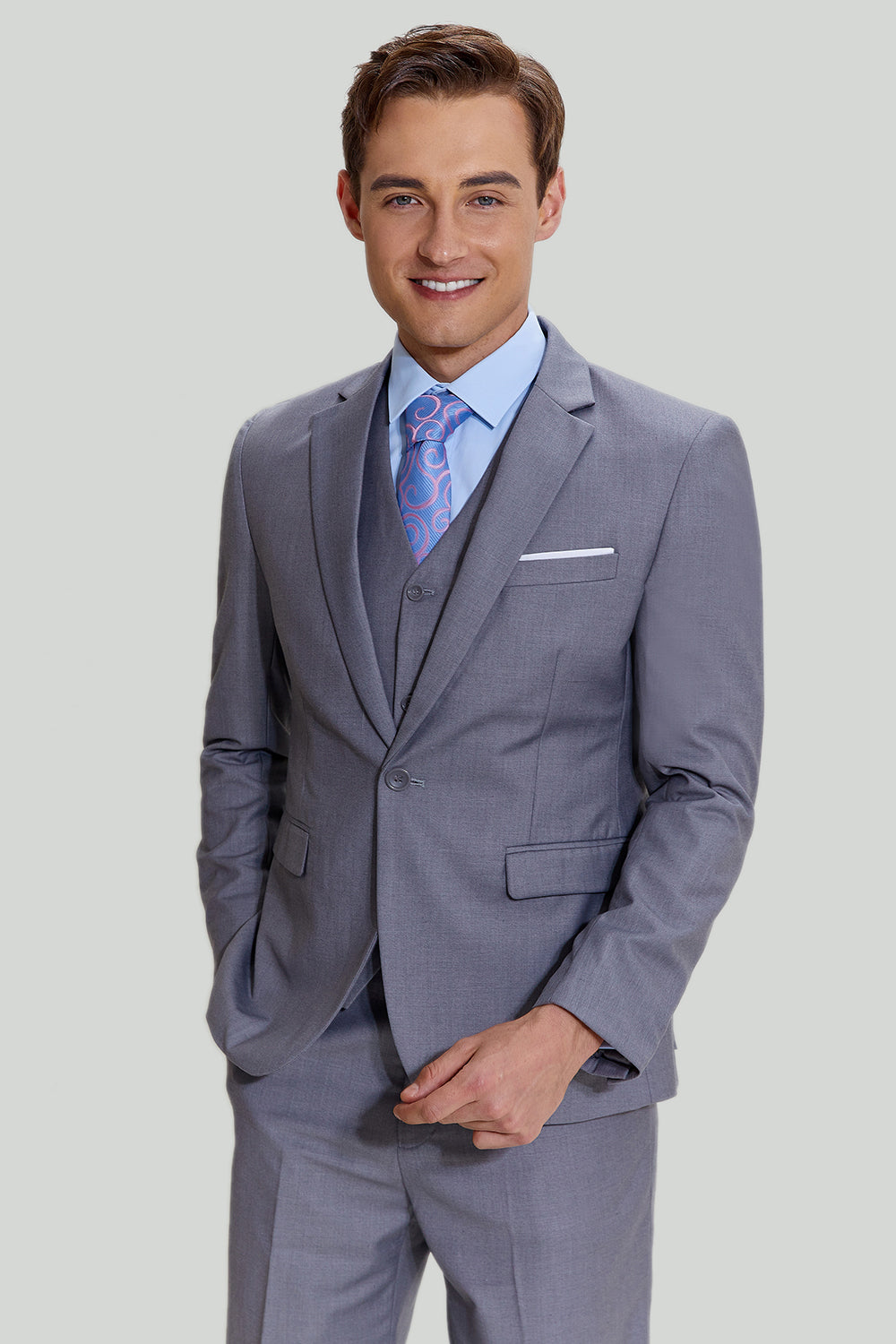 Grå 3-Delat Skårade Lapel Kostym Herr