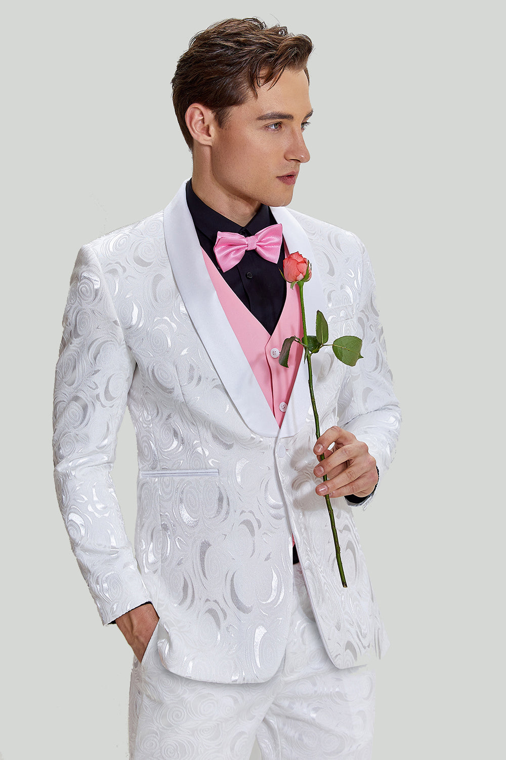 Vit Jacquard Satin 2-Delat Sjal Lapel Kostym Herr