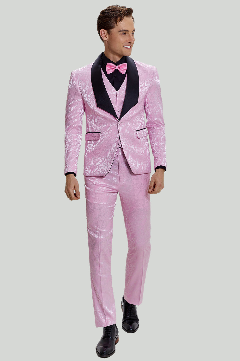 Rosa Jacquard Satin Sjal Lapel 3-Delat Kostym Herr