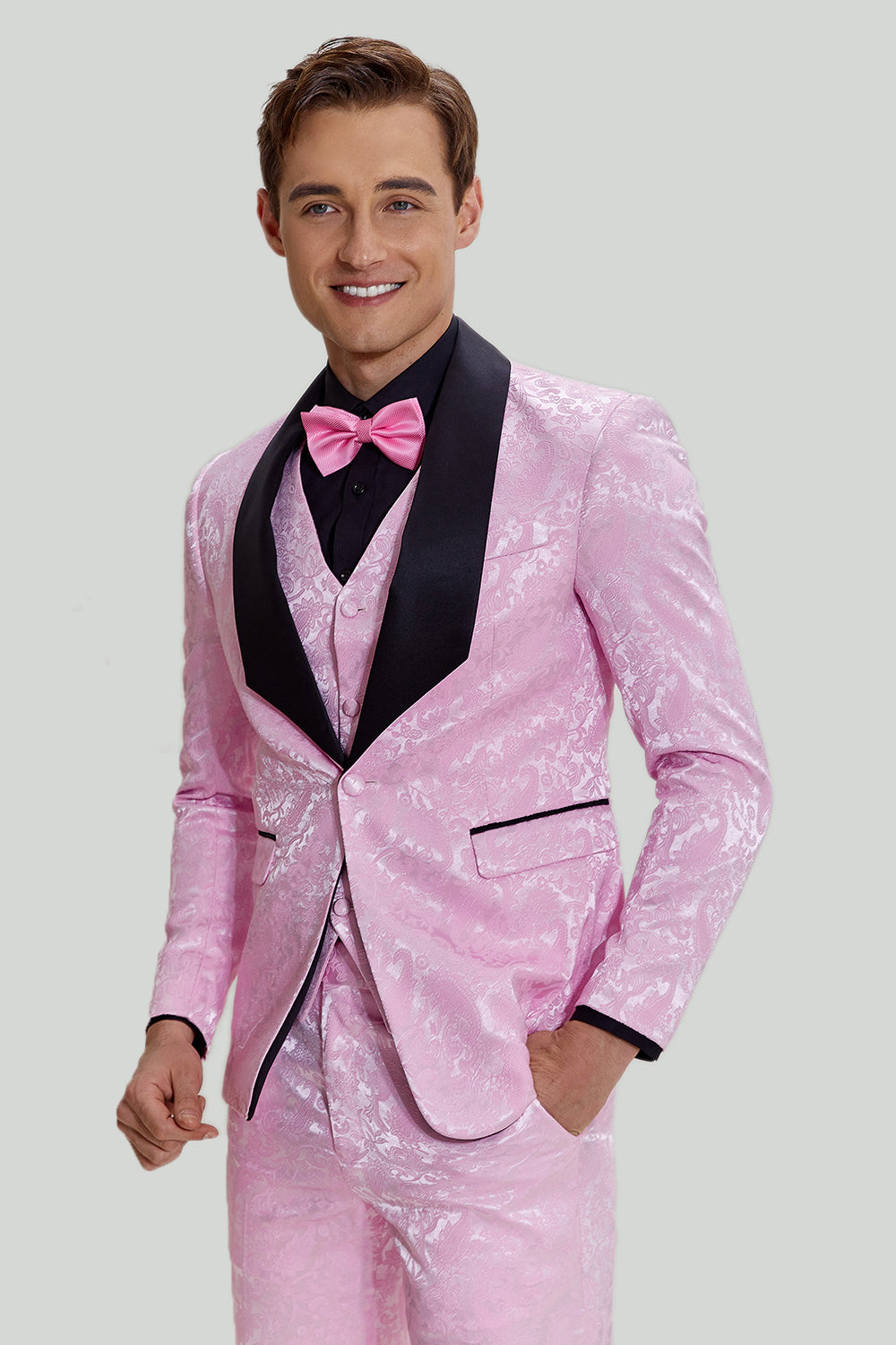 Rosa Jacquard Satin Sjal Lapel 3-Delat Kostym Herr