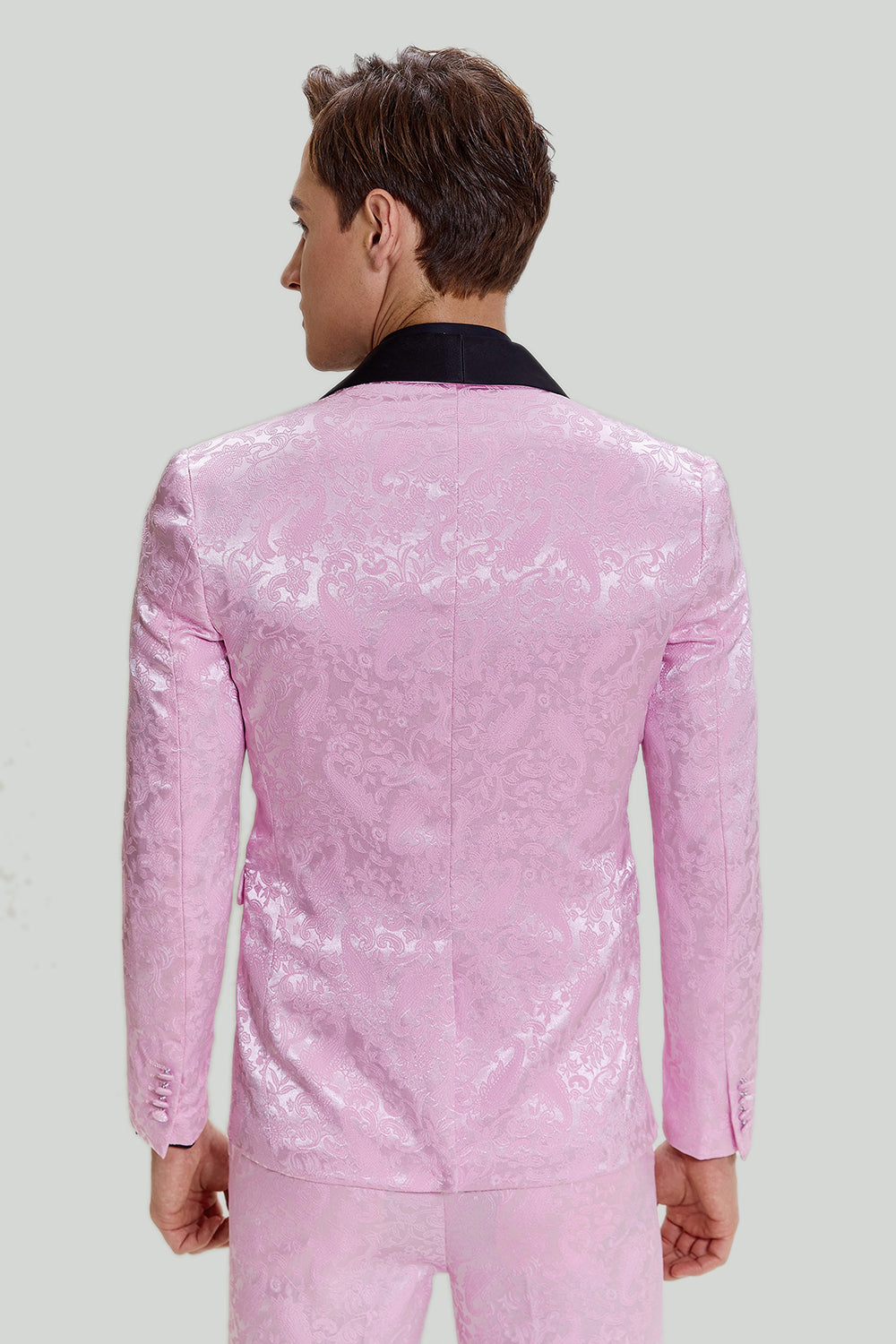 Rosa Jacquard Satin Sjal Lapel 3-Delat Kostym Herr