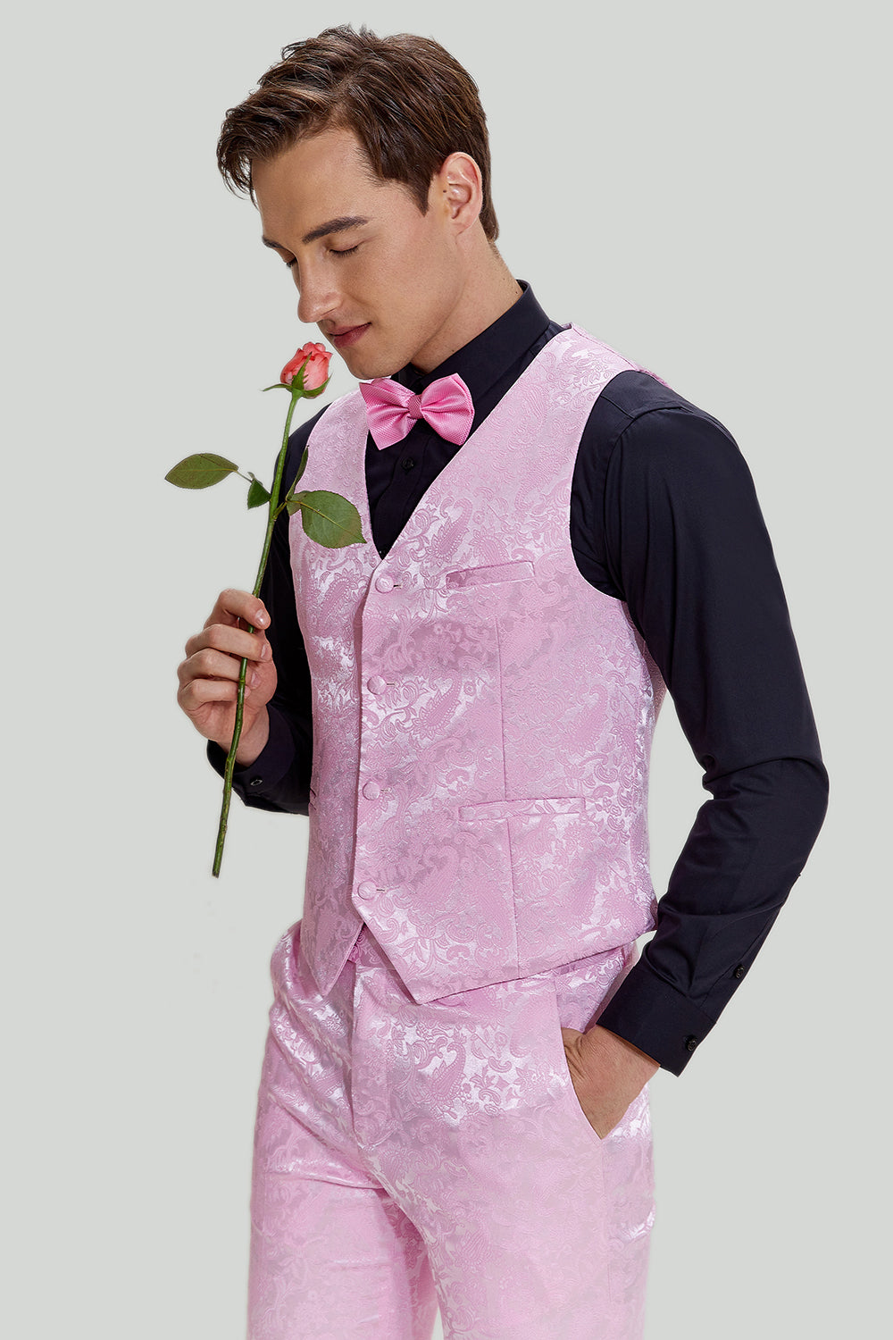 Rosa Jacquard Satin Sjal Lapel 3-Delat Kostym Herr