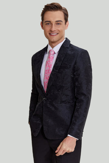 Svart Jacquard Satin Hached Lapel Blazer Herr