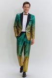 Guldgröna Herr 2-Delat Peak Lapel Paljett Kostym Herr