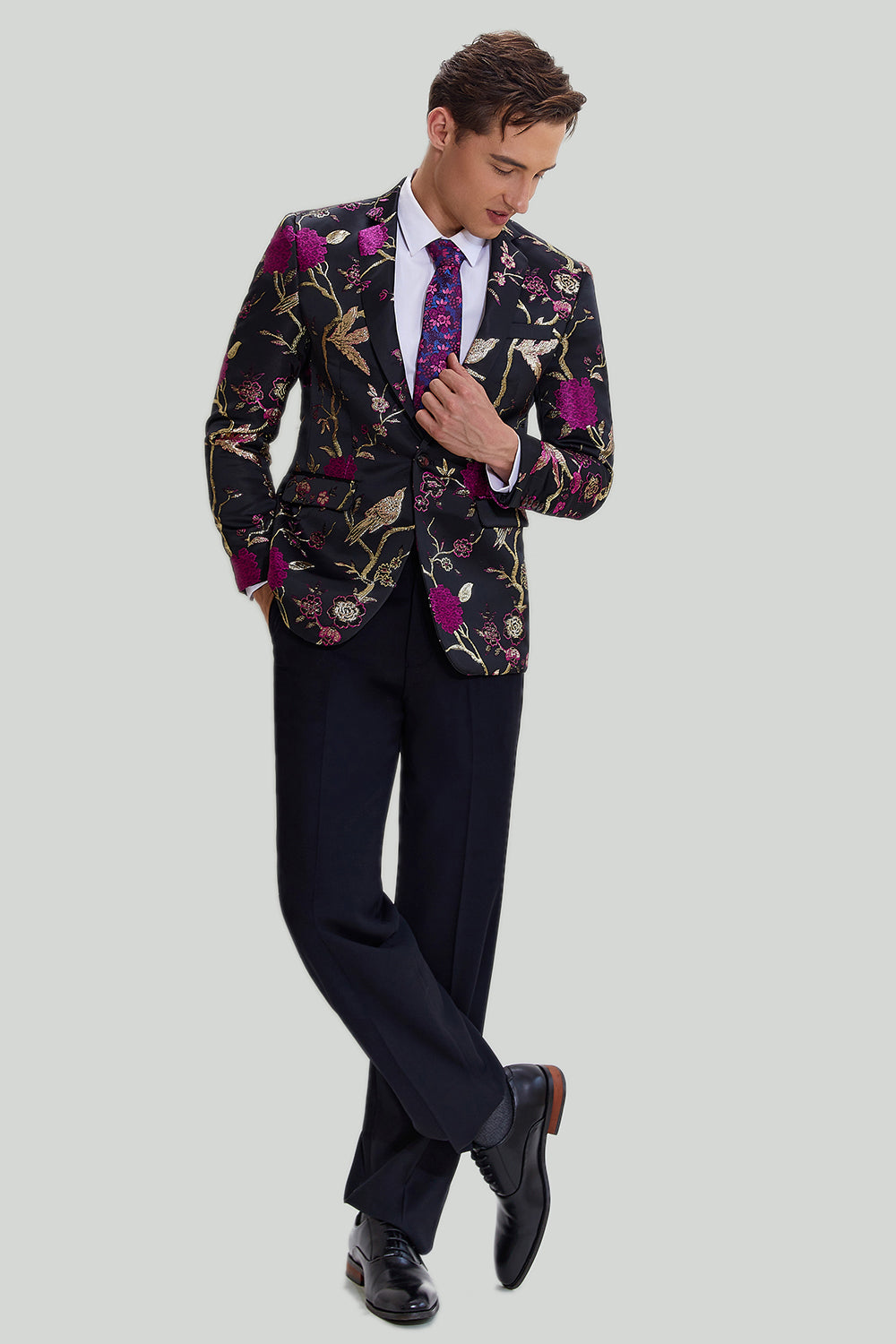 Svart Jacquard Satin Hached Lapel Blazer Herr