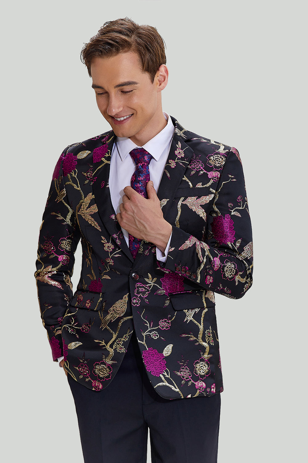 Svart Jacquard Satin Hached Lapel Blazer Herr