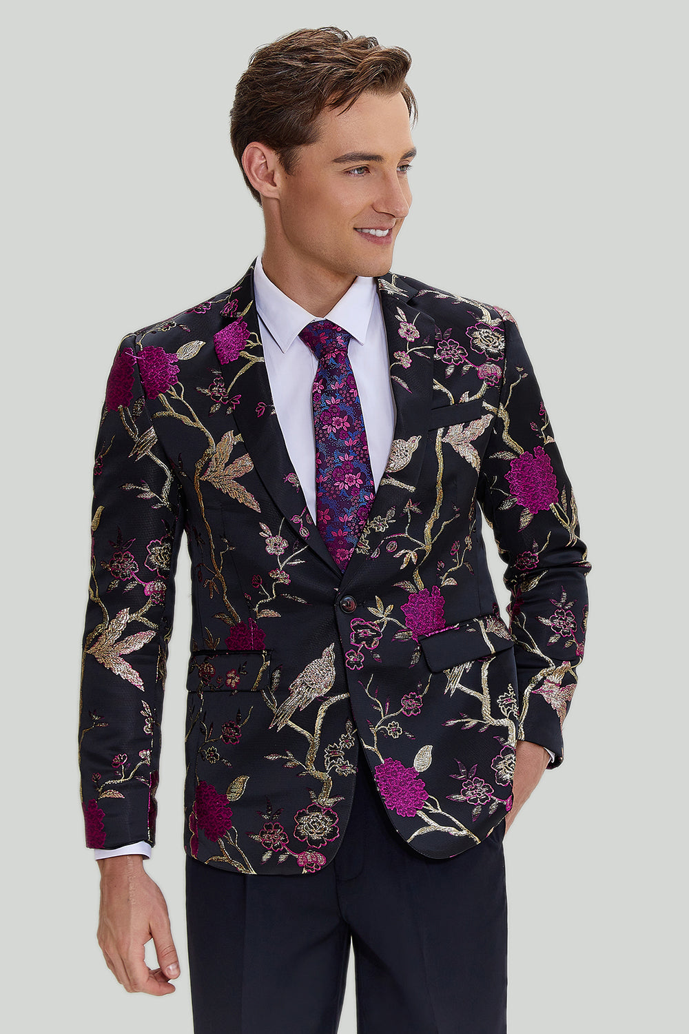 Svart Jacquard Satin Hached Lapel Blazer Herr
