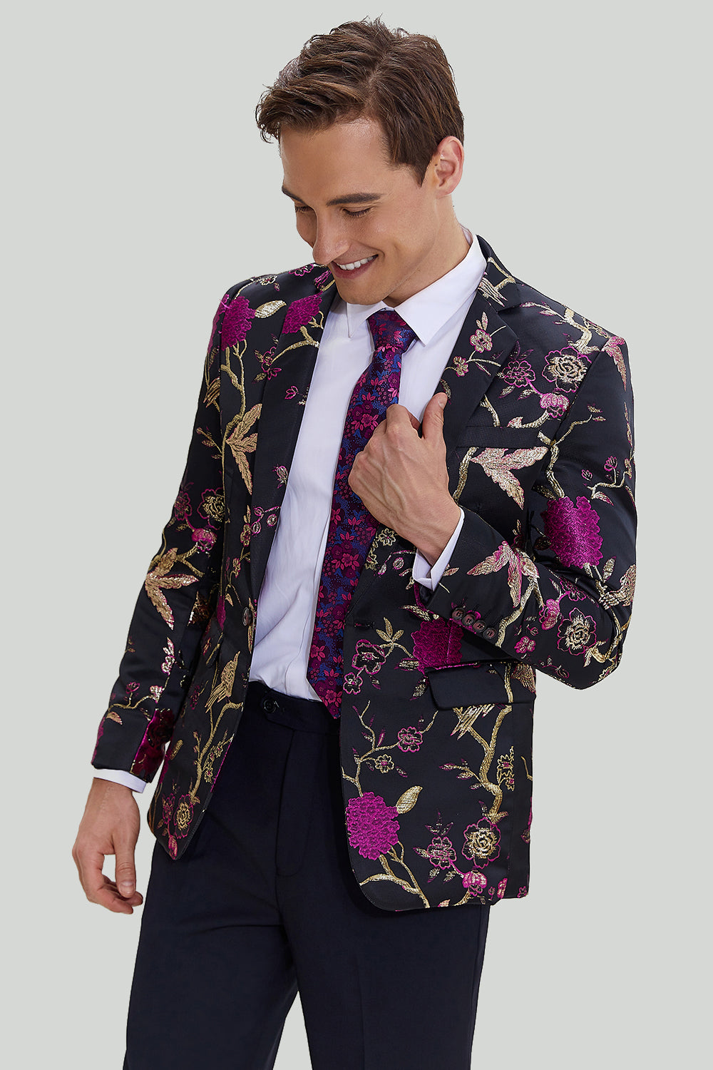 Svart Jacquard Satin Hached Lapel Blazer Herr