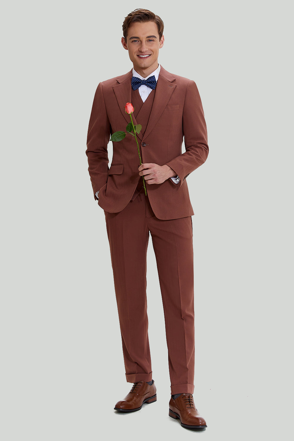 Tan Notched Lapel 3-Delat Enkelknäppt Kostym Set