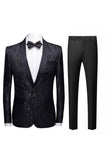 Svart Jacquard Sjal Lapel 2 Stycken Kostym Herr